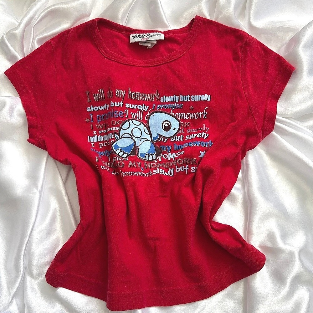 Self Esteem Y2K Red Turtle Homework Graphic Baby Tee Shirt Girls